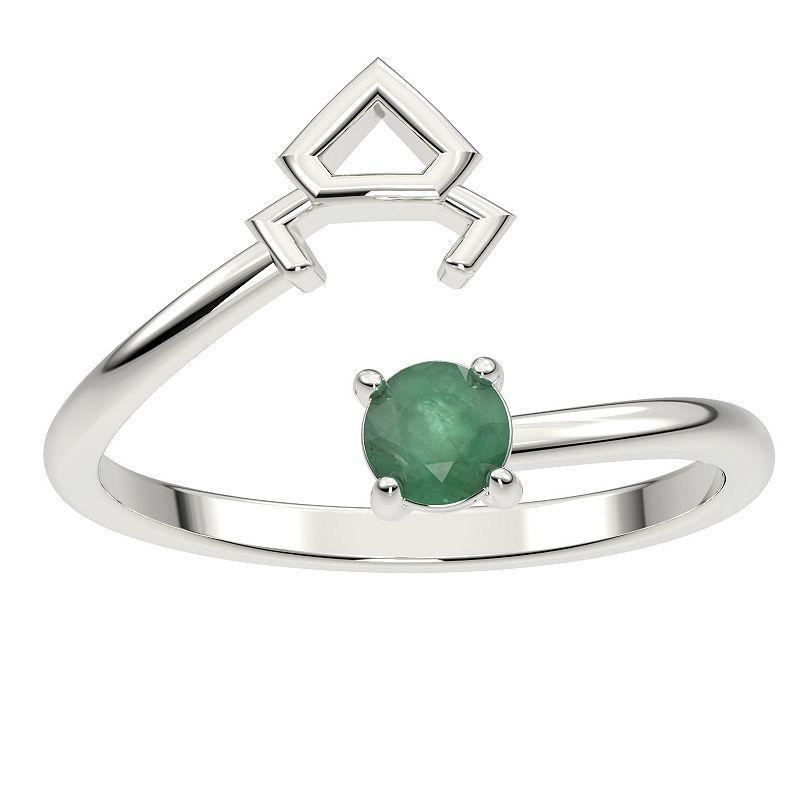 Sterling Silver Emerald Taurus Zodiac Sign Bypass Ring, Womens Green Product Image