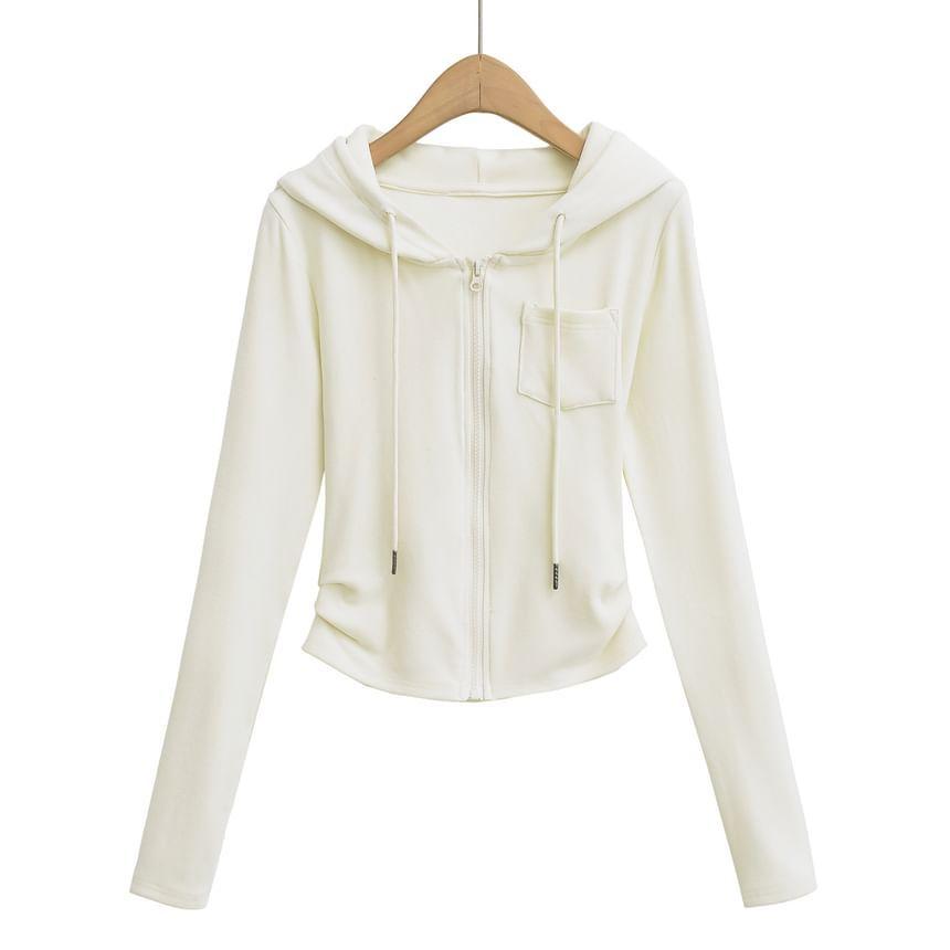 Plain Ruched Zip-Up Crop Hoodie Product Image