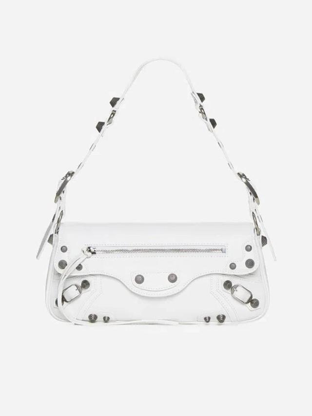 Le Cagole Sling Studded Crinkled-leather Shoulder Bag In Optic White Product Image