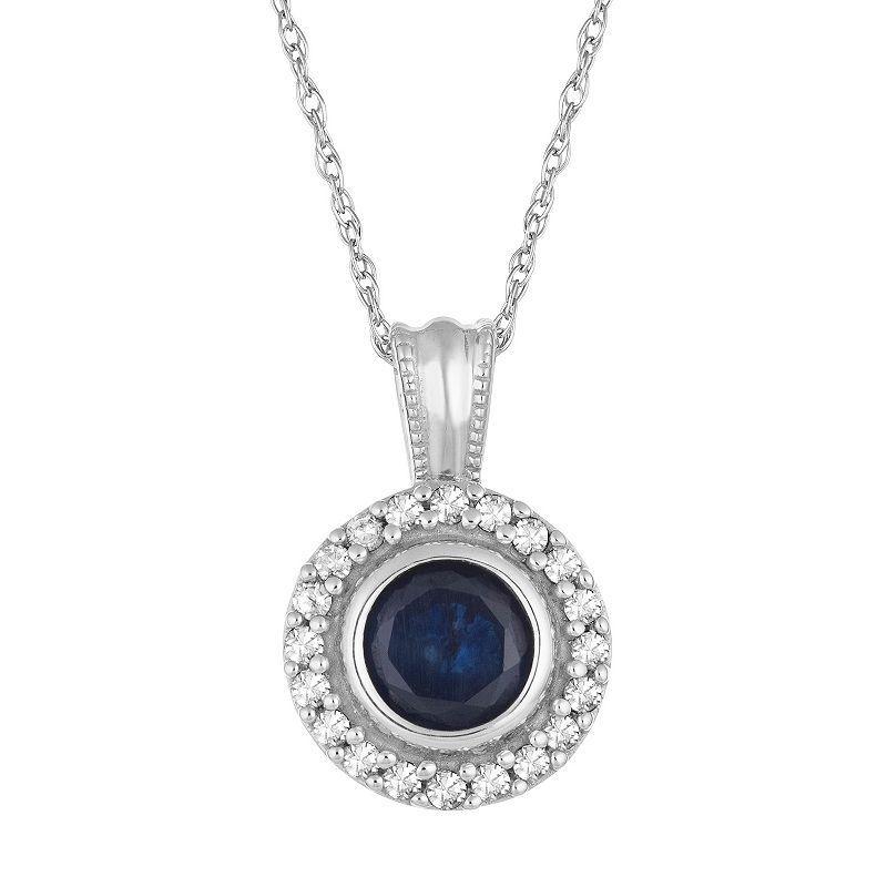 10k White Gold Sapphire & 1/10 Carat T.W. Diamond Halo Pendant Necklace, Womens Blue Product Image