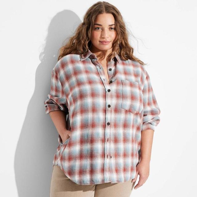 Womens Long Sleeve Oversized Flannel Button-Down Shirt - Wild Fable Light Brown Plaid 1X Product Image