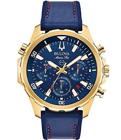 Bulova Mens Chronograph Marine Star Blue Leather & Silicone Strap Watch 43mm Product Image