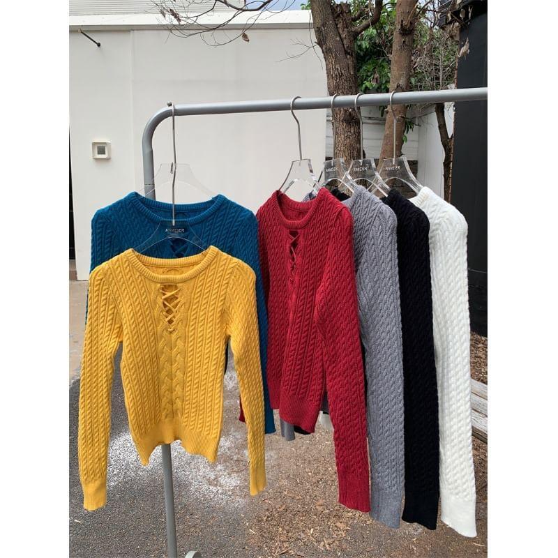 Crew Neck Plain Cutout Cable Knit Sweater Product Image