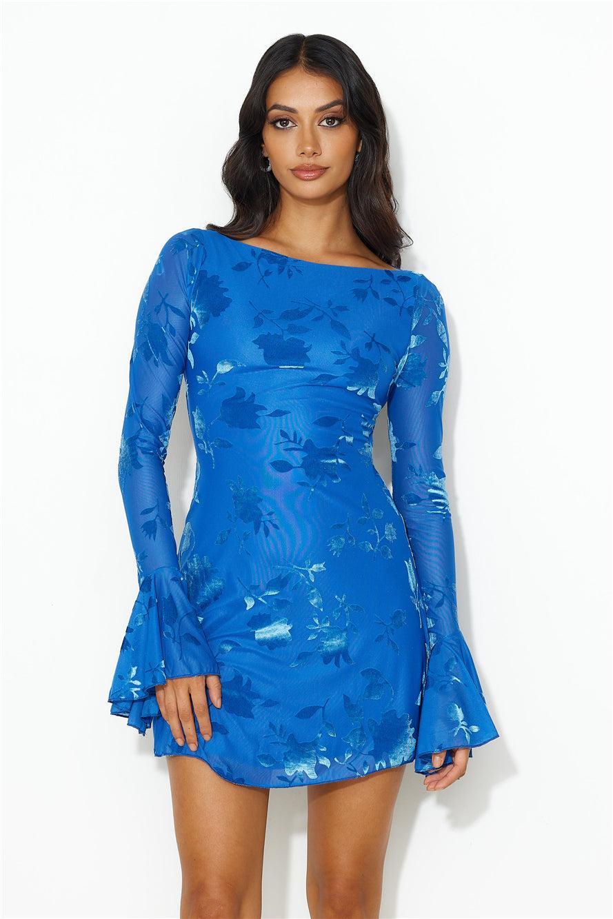 Golden Moon Long Sleeve Mini Dress Blue Product Image