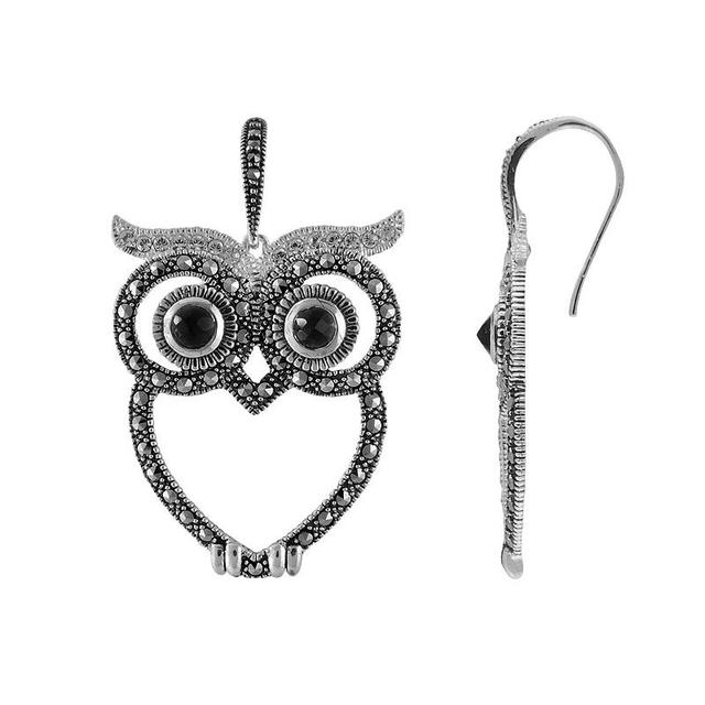 Lavish by TJM Sterling Silver Black Onyx, Crystal & Marcasite Owl Earrings, Womens, Grey Product Image