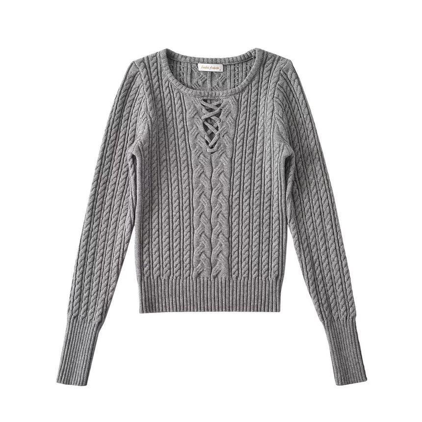 Long Sleeve Crew Neck Cropped Cable Knit Top Product Image