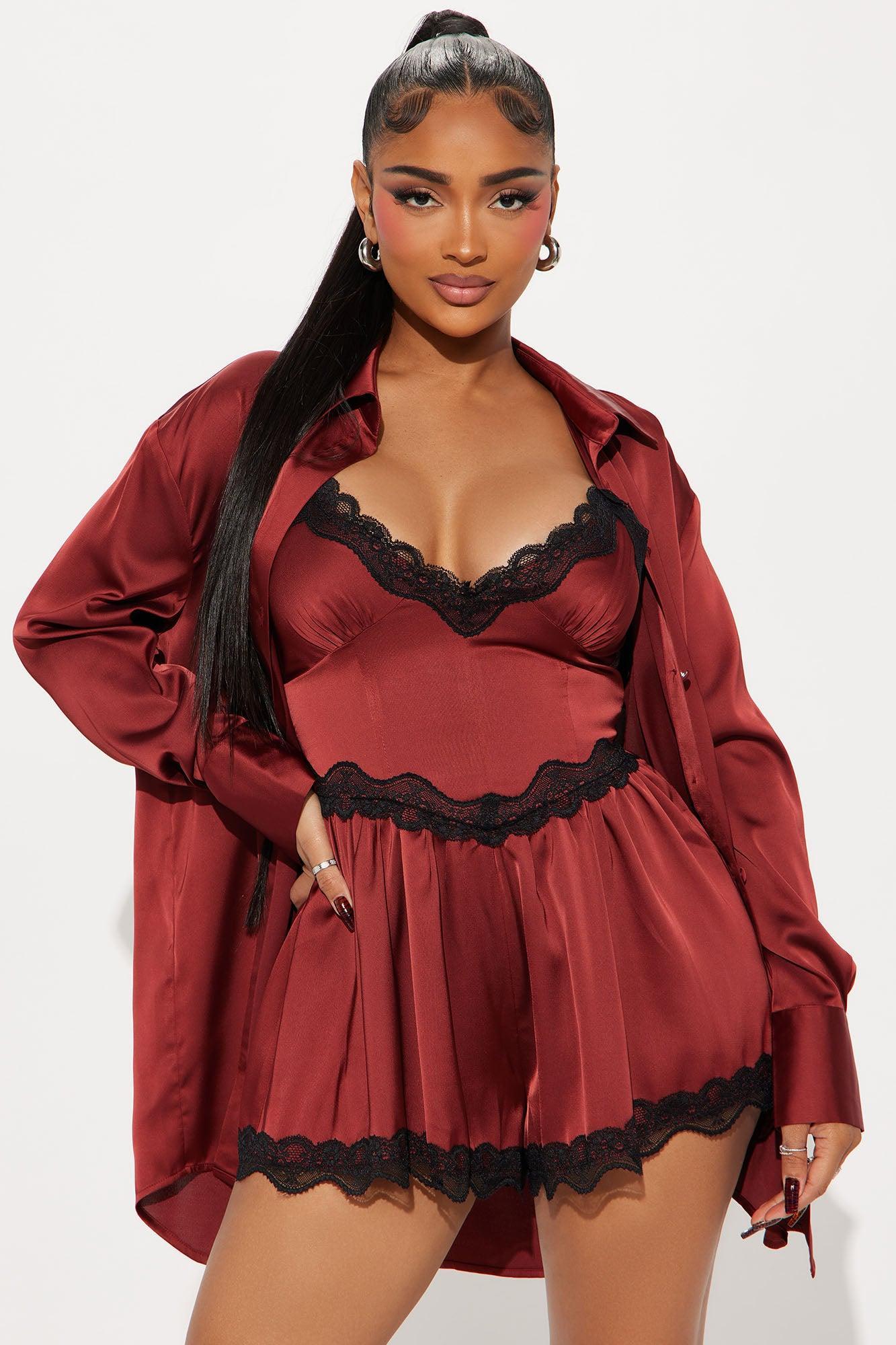 Hopeless Romantic Satin Romper Set - Burgundy Product Image