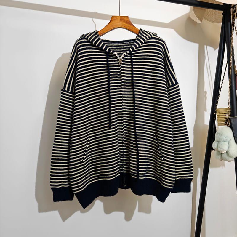 Drop Shoulder Hooded Striped Zip Up Cardigan Product Image