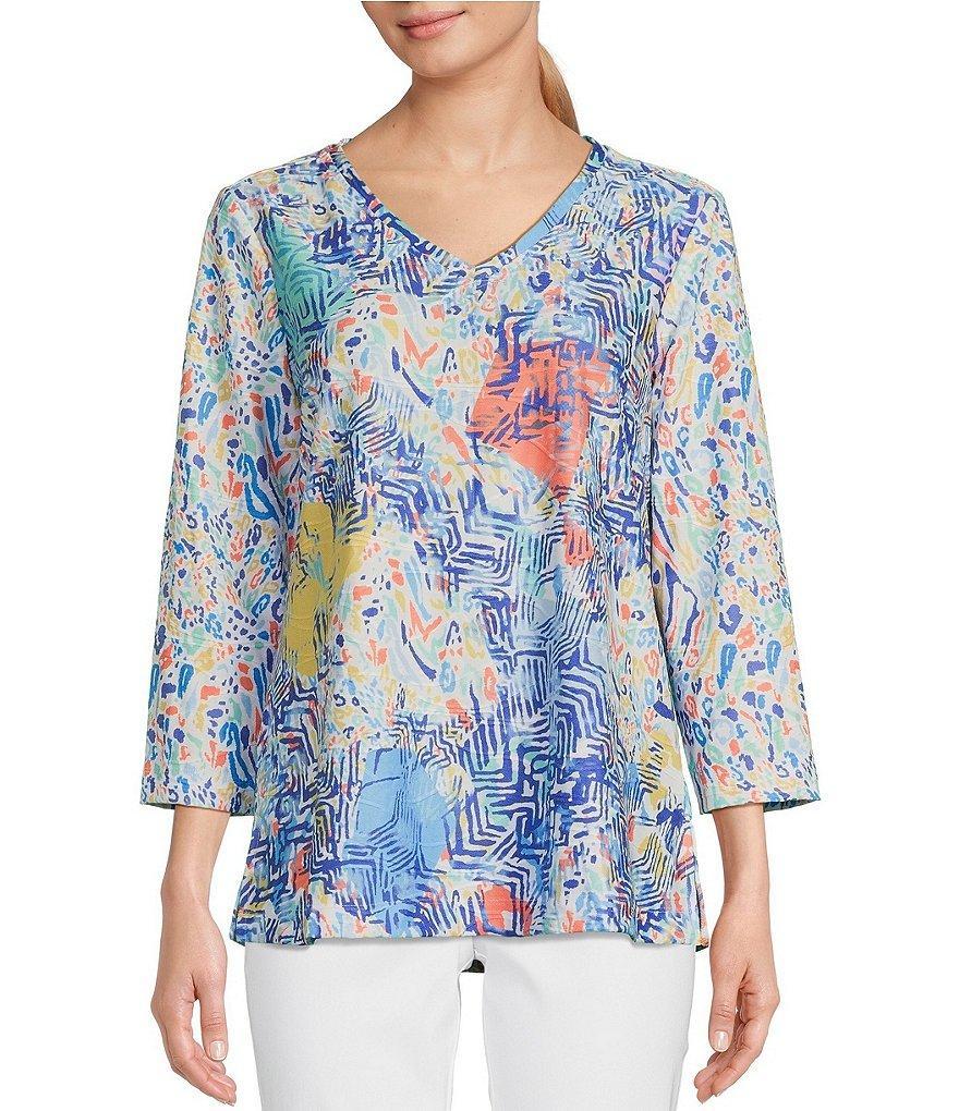 Ali Miles Textured Knit Abstract Print V-Neck 3/4 Sleeve Pop Over Tunic Product Image