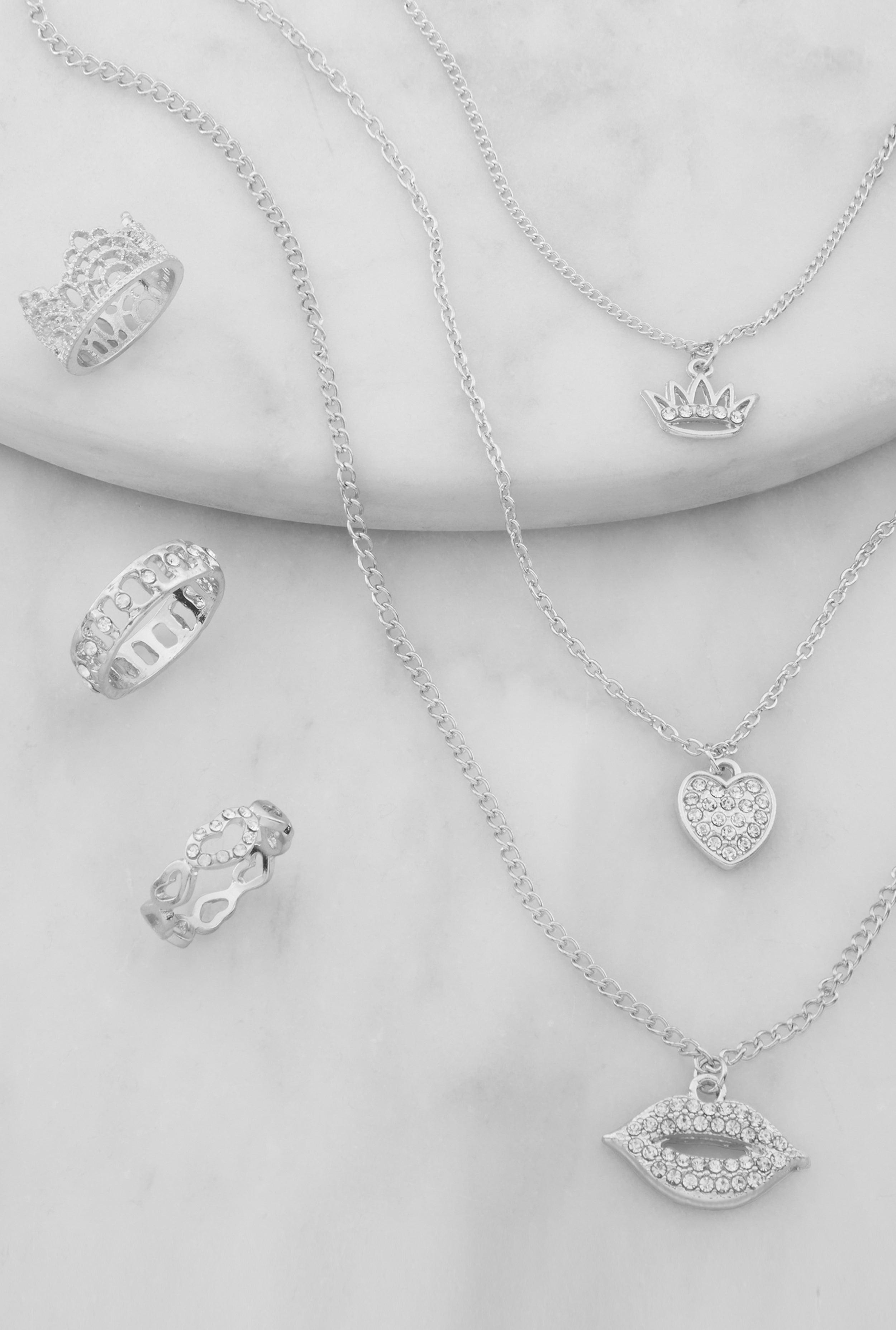 Crown Heart Lip Charm Layered Necklace with Ring Trio Set Female Product Image