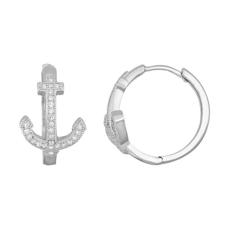 Sterling Silver Cubic Zirconia Anchor Hoop Earrings, Womens, White Product Image