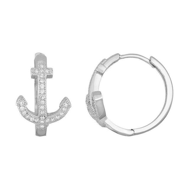 Sterling Silver Cubic Zirconia Anchor Hoop Earrings, Womens, White Product Image