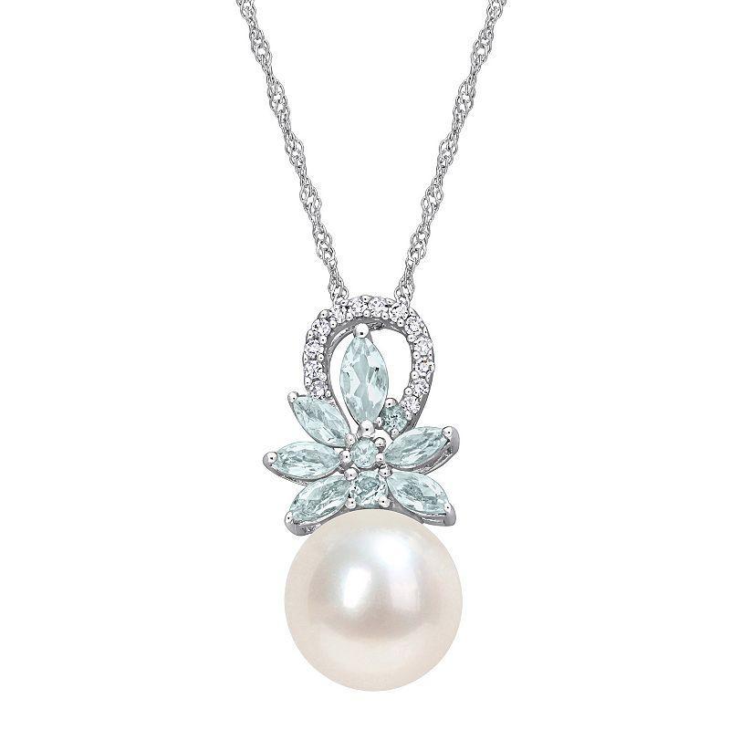 Stella Grace 14k White Gold Freshwater Cultured Pearl, Aquamarine & Diamond Accent Flower Pendant Necklace, Womens Product Image