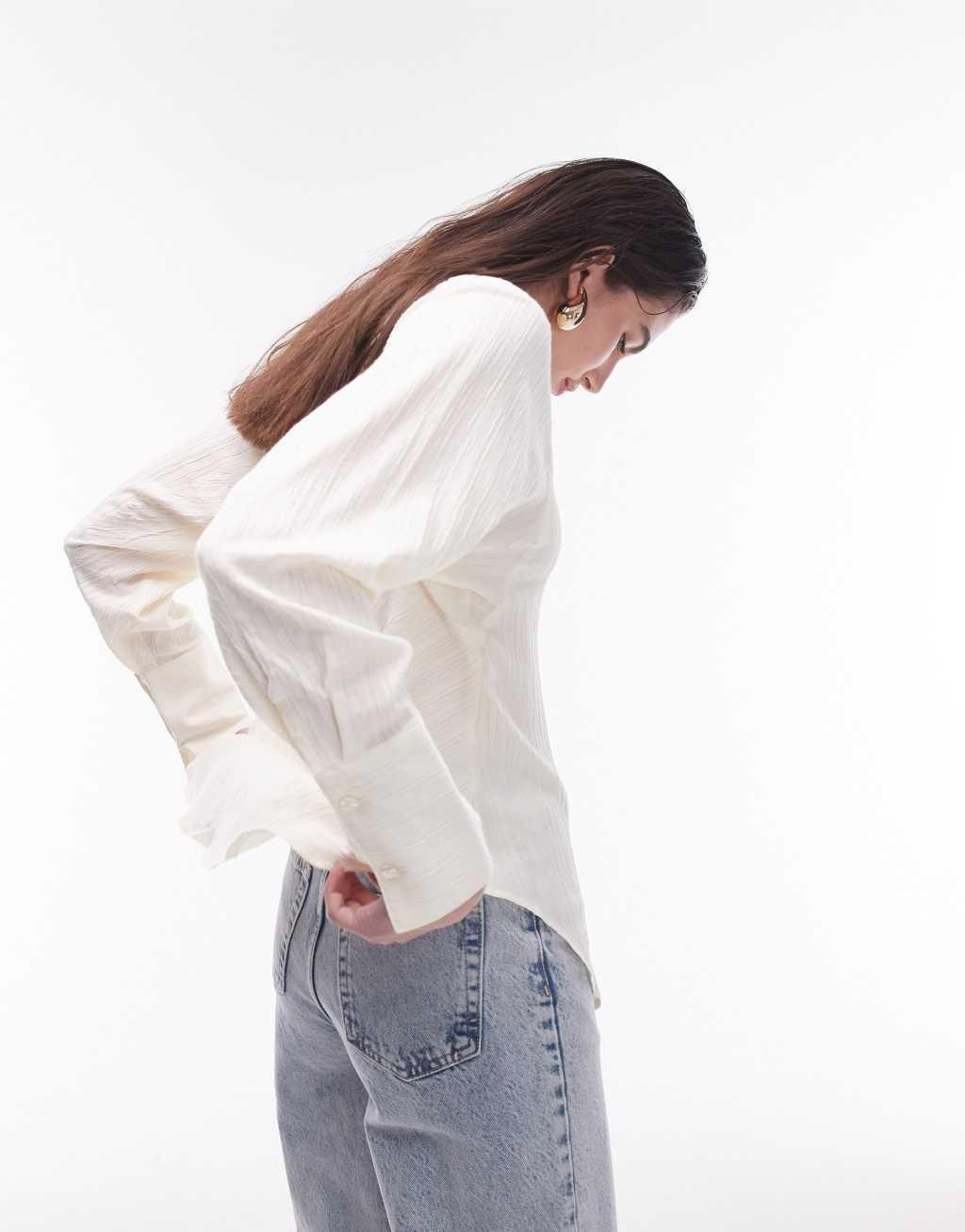 Topshop textured panel shirt in ivory Product Image