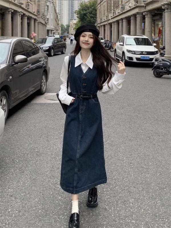 Long Sleeve Collared Plain Shirt / V-Neck Washed Button Midi A-Line Denim Pinafore Dress / Set Product Image