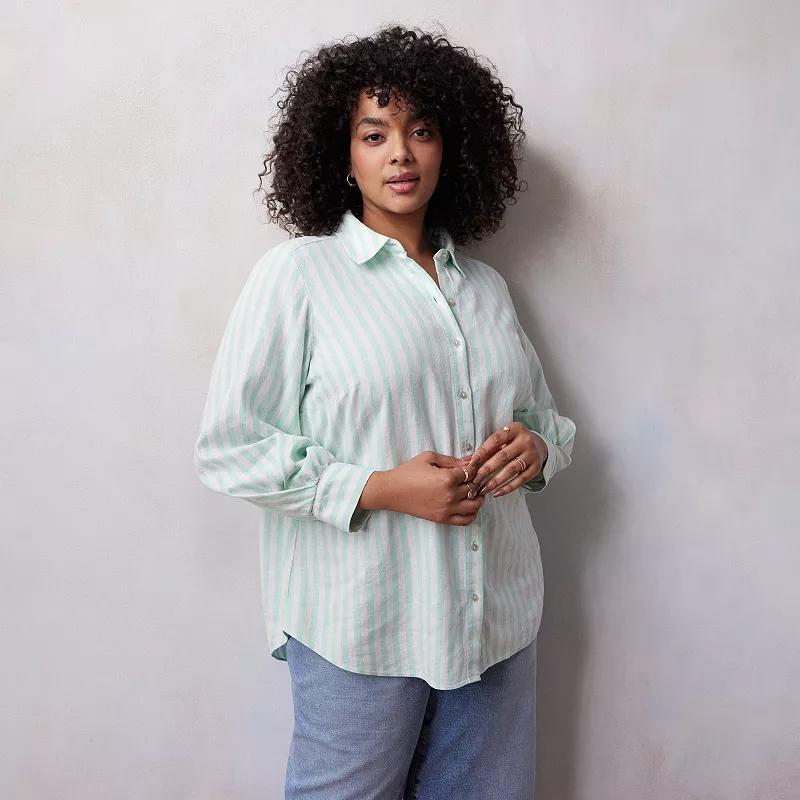 Plus Size LC Lauren Conrad Oversized Volume Sleeve Linen Blend Button Down Shirt, Womens Turq/Blue Product Image