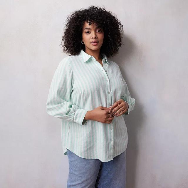 Plus Size LC Lauren Conrad Oversized Volume Sleeve Linen Blend Button Down Shirt, Womens Blue Tulare Stripe Product Image