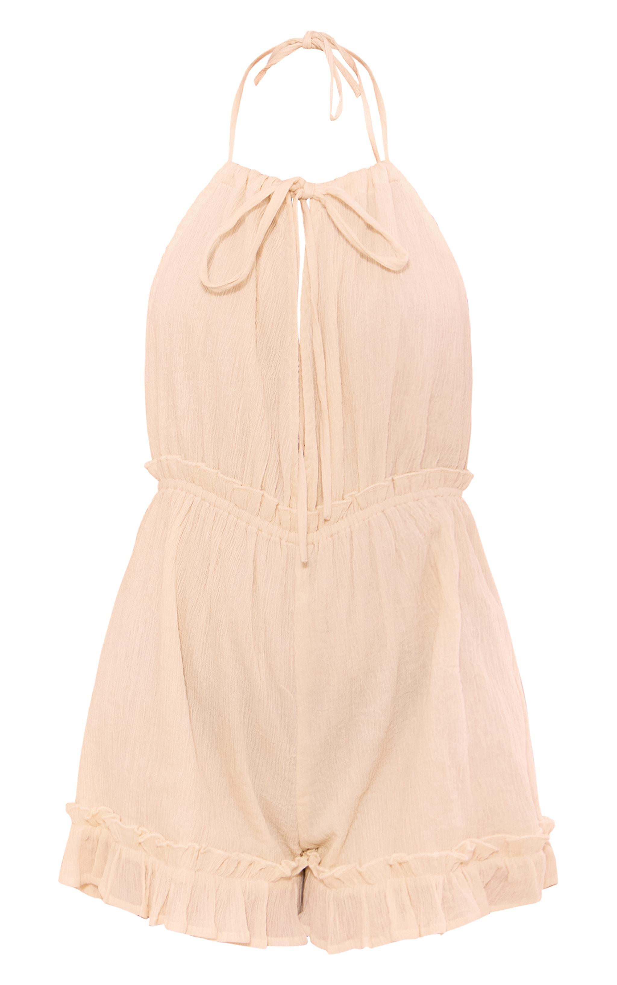 Cream Cheesecloth Halter Neck Frill Hem Romper Product Image