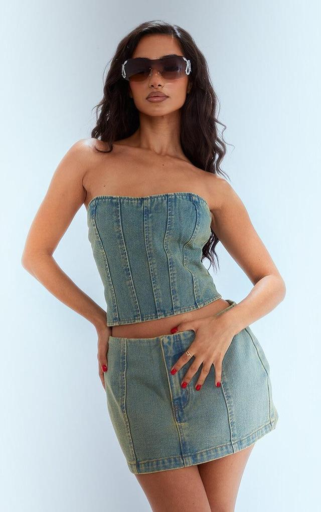 Petite Vintage Bleach Wash Bandeau Denim Corset Top Product Image