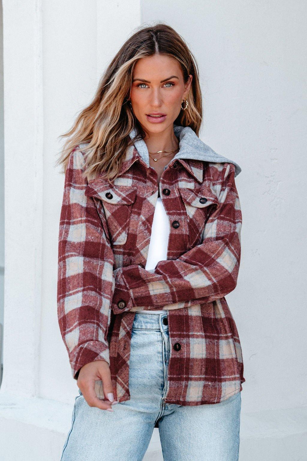 Red Plaid Hooded Shacket Female product image