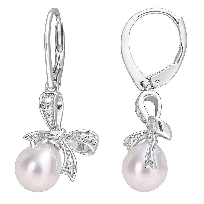 Stella Grace Sterling Silver Freshwater Cultured Pearl & Diamond Accent Bow Earrings, Womens Product Image