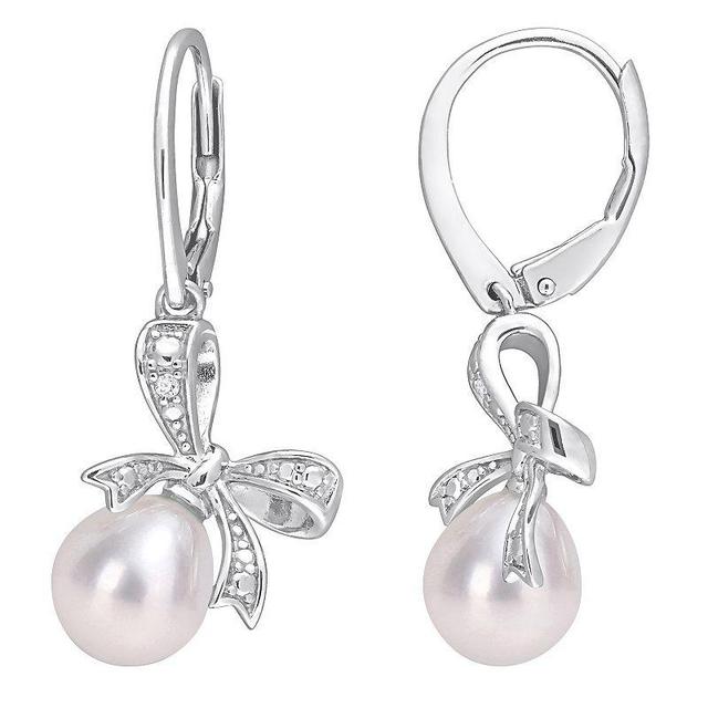 Stella Grace Sterling Silver Freshwater Cultured Pearl & Diamond Accent Bow Earrings, Womens, White Product Image