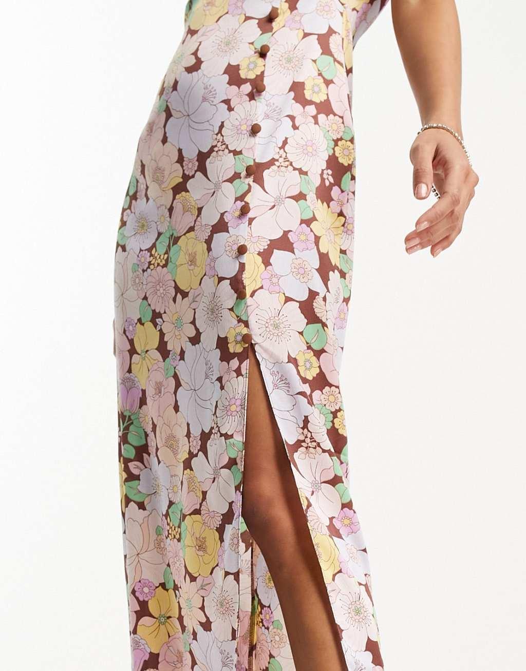 ASOS DESIGN button side detail satin midi tea dress in bold floral print Product Image