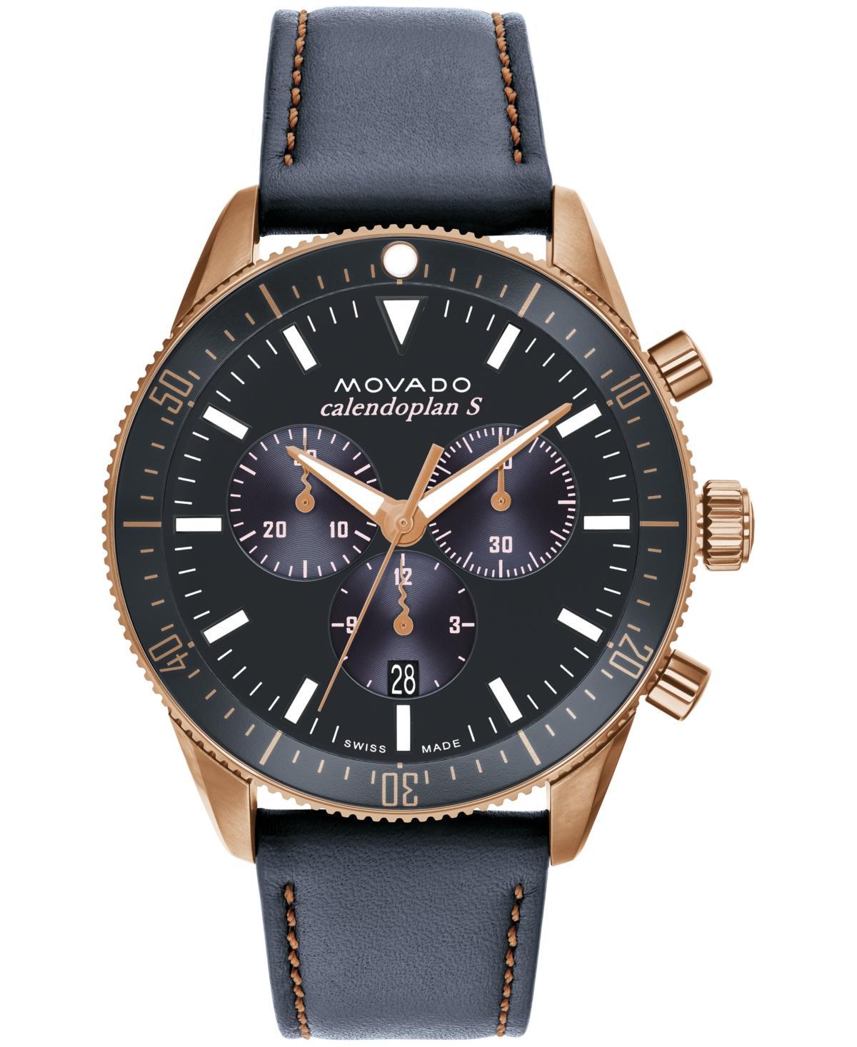 Movado Mens Calendoplan Quartz Chronograph Navy Leather Strap Watch Product Image