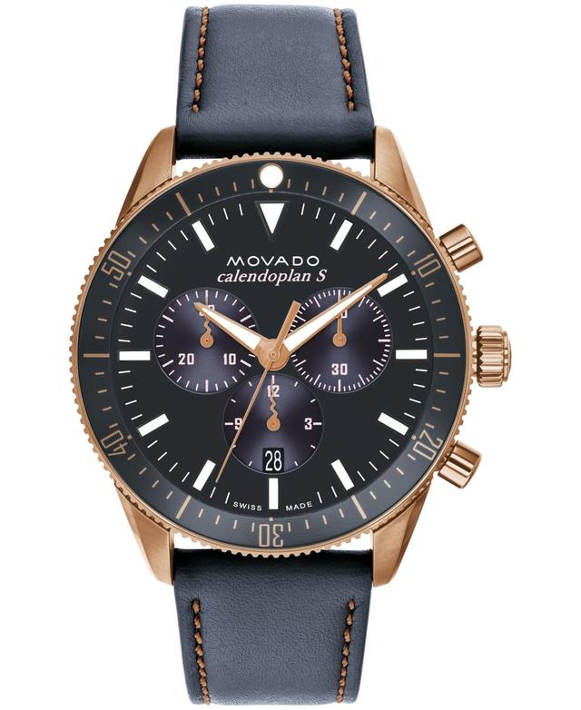 Movado Mens Calendoplan Quartz Chronograph Navy Leather Strap Watch Product Image