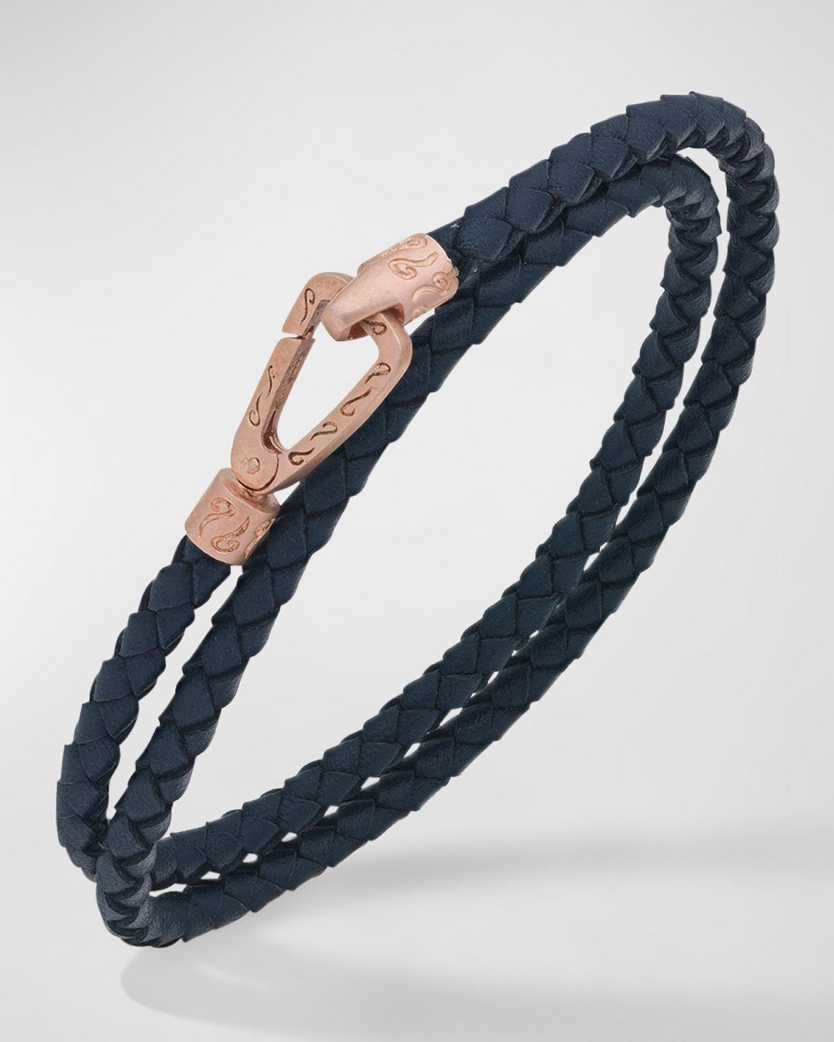 Mens Double Wrap 18K Matte Rose Gold Plated Silver and Blue Woven Leather Bracelet Product Image