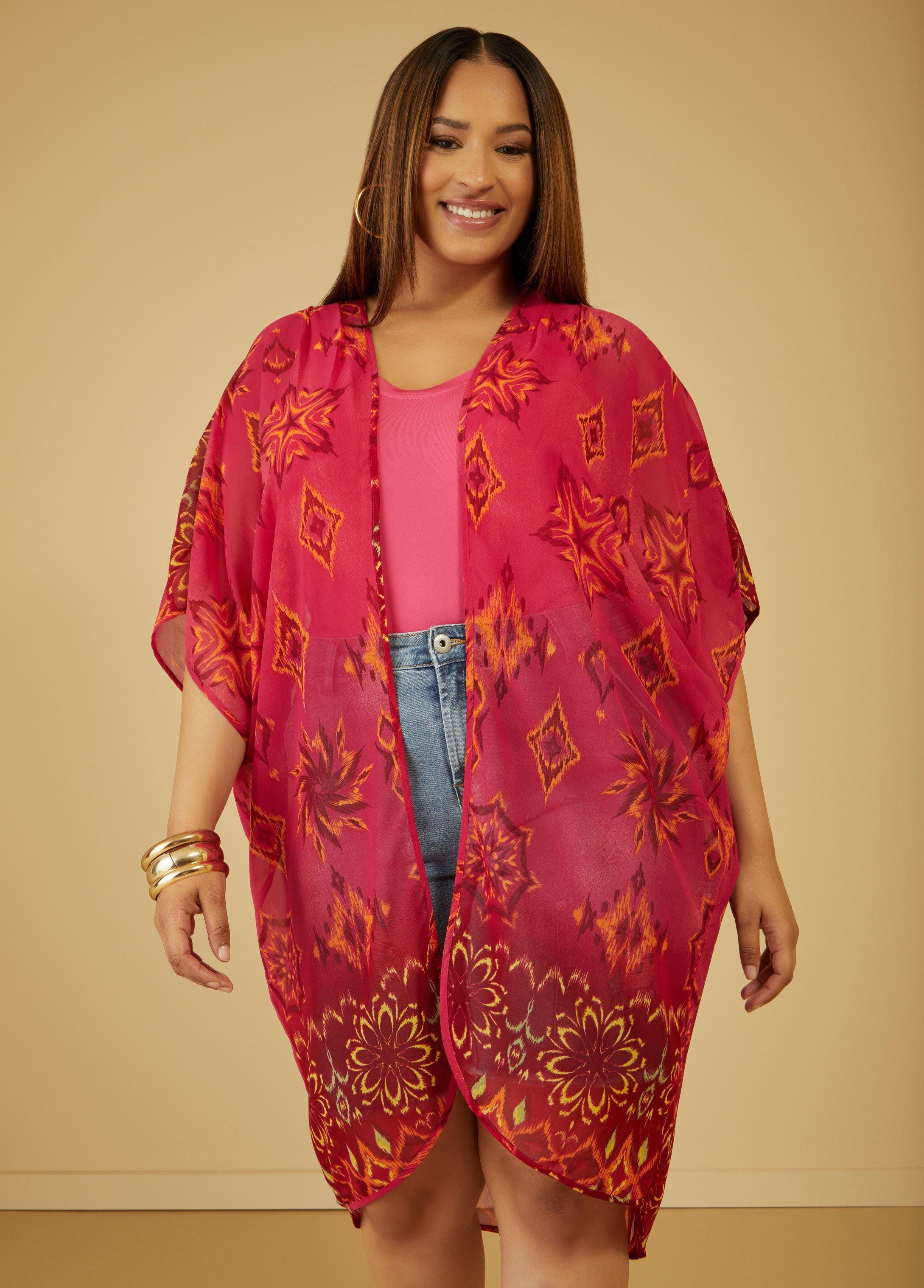 Plus Size Kaleidoscope Print Chiffon Kimono, - Ashley Stewart Product Image