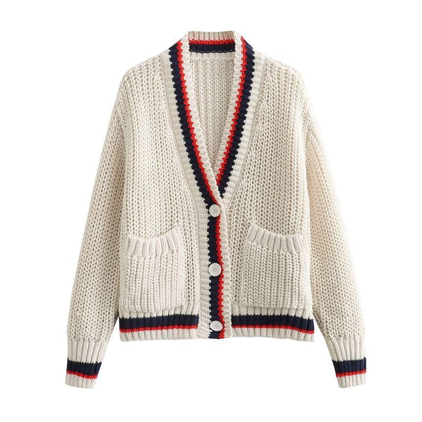 V-Neck Striped Trim Button-Up Cardigan Product Image