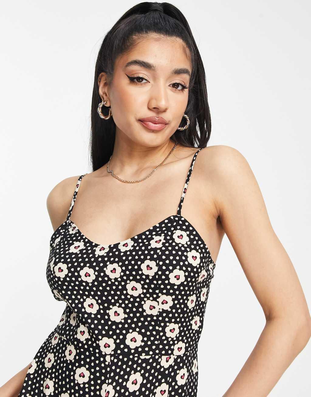 Miss Selfridge strappy romper in mono heart daisy  Product Image