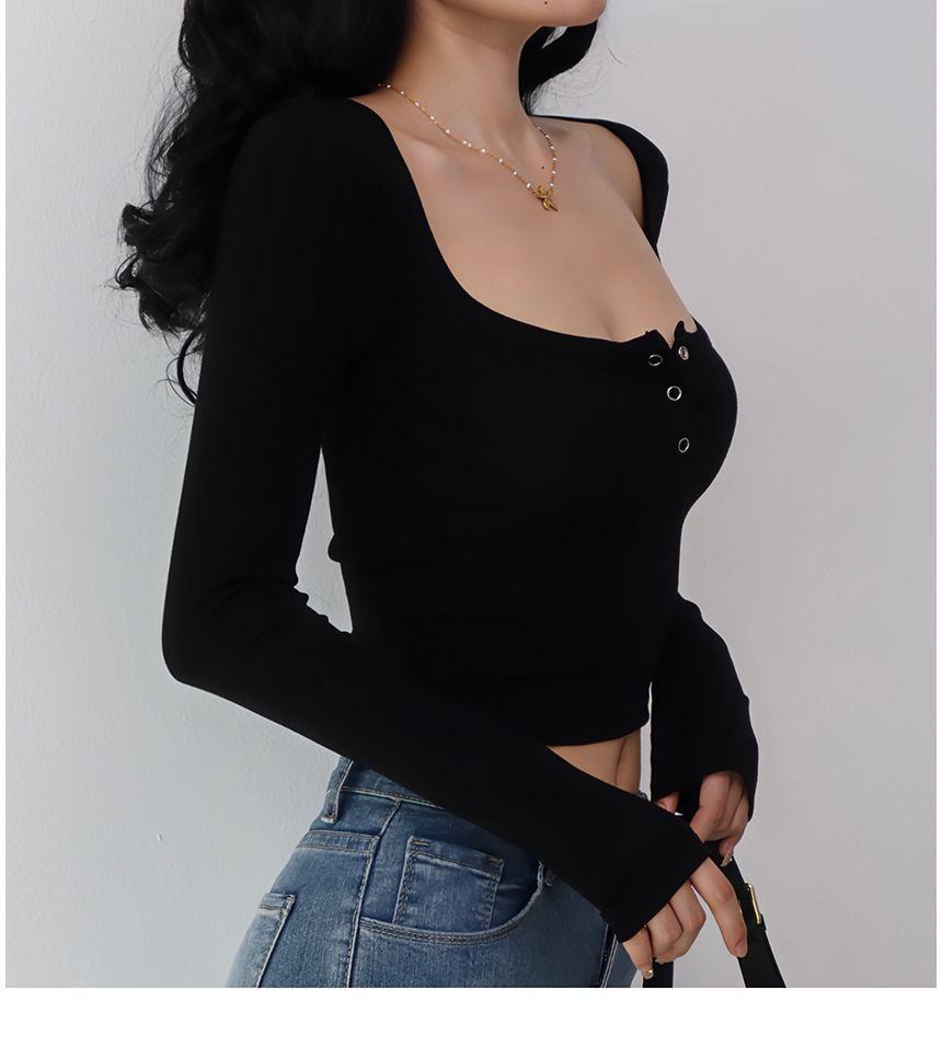 Long-Sleeve Square-Neck  Plain Slim-Fit Top Product Image