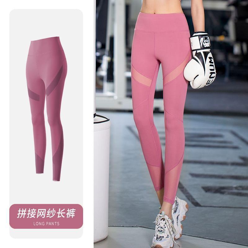 High Waist Plain Panel Mesh Yoga Pants Product Image