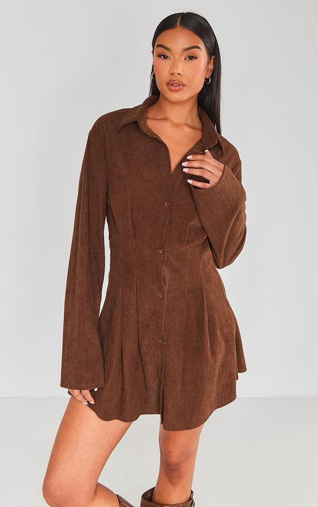 Chocolate Cord Flared Sleeve Button Shift Dress Product Image