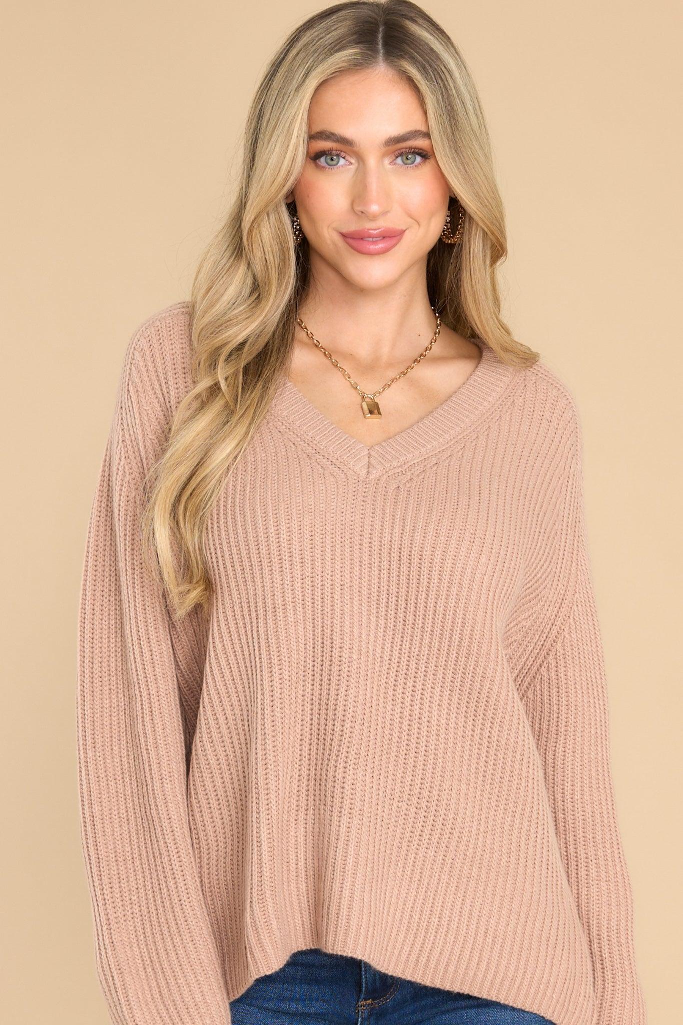 Just Makes Sense Taupe Sweater Pink Product Image