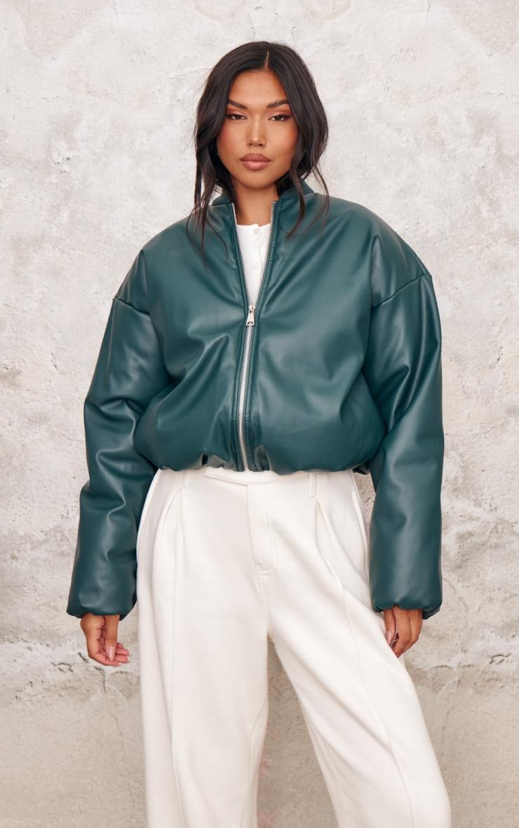  Green Faux Leather Oversized Bomber Jacket Product Image