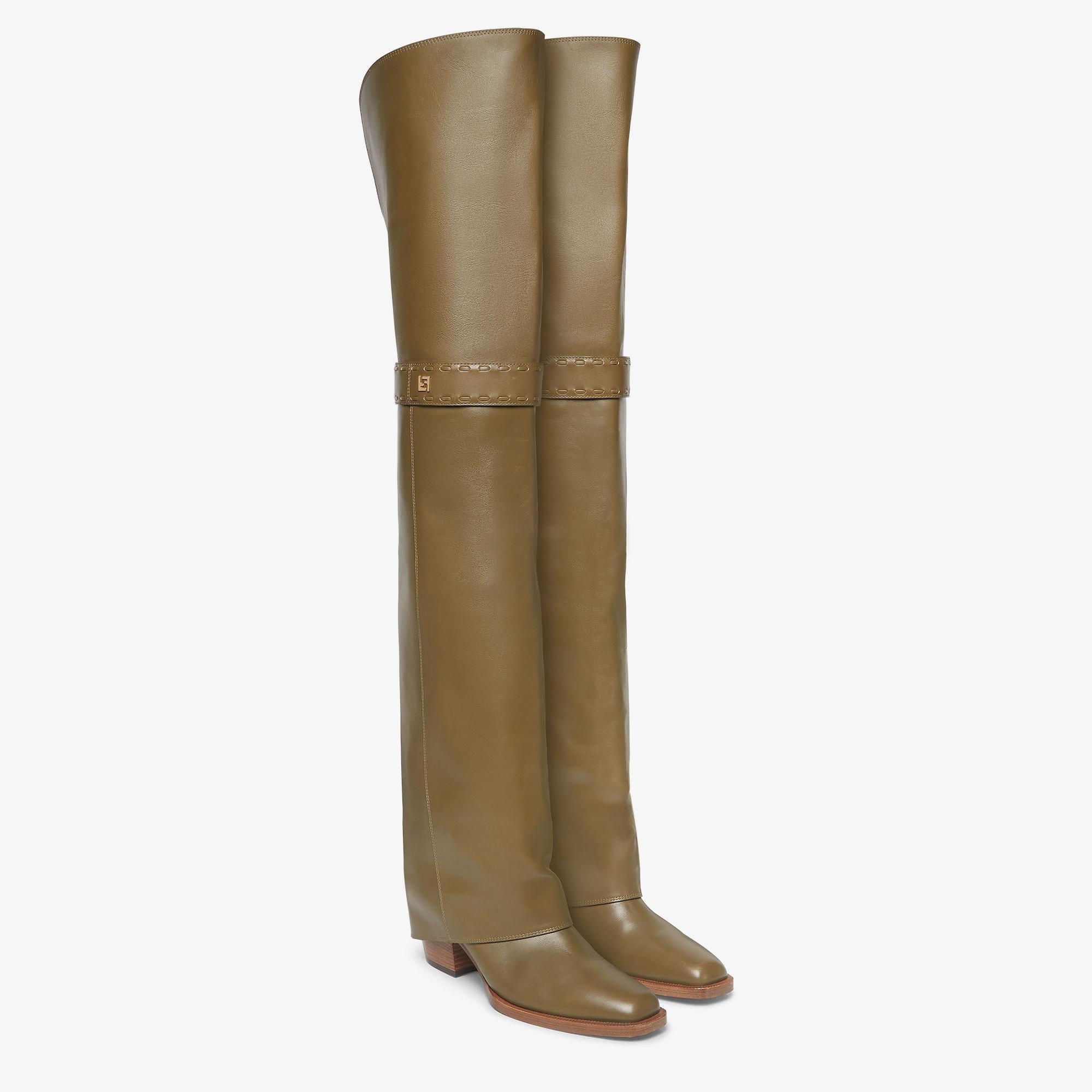 Fendi ShowGreen leather medium-heeled thigh-high boots Product Image