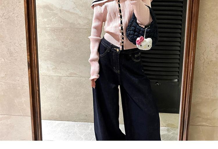 Sailor Collar V-Neck Contrast Trim Button Up Cardigan Product Image