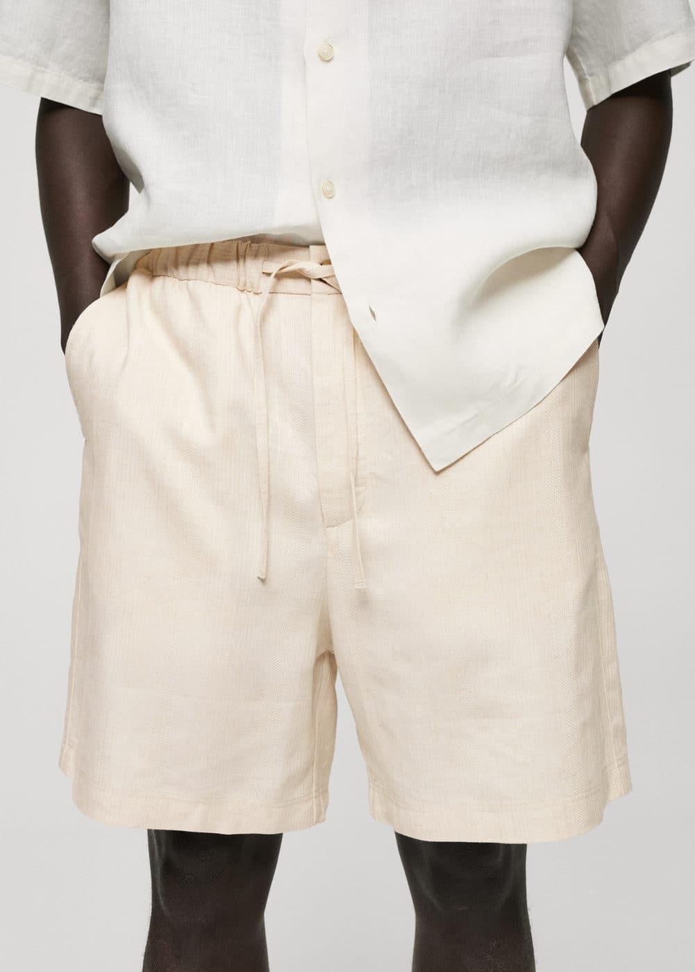 MANGO MAN - Cotton linen drawstring Bermuda shorts ecruMen Product Image