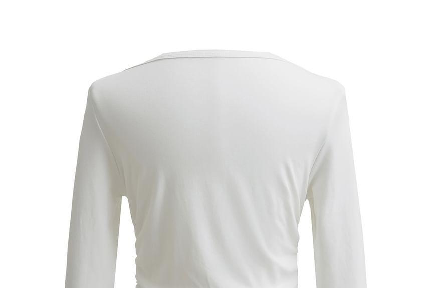 Long Sleeve Boat Neck Plain Ruched T-Shirt Product Image