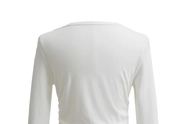 Long Sleeve Boat Neck Plain Ruched T-Shirt Product Image