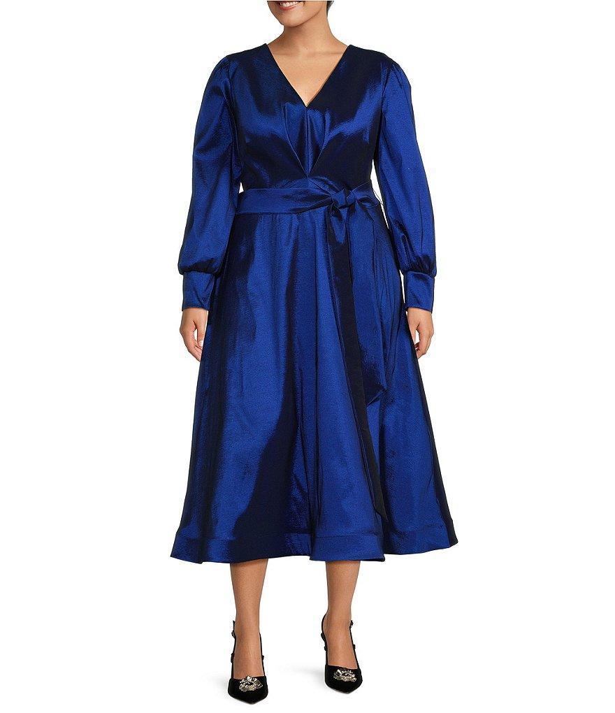 Marina Stretch Plus Size Taffeta V-Neck Long Sleeve Tie Sash Fit-and-Flare Gown Product Image