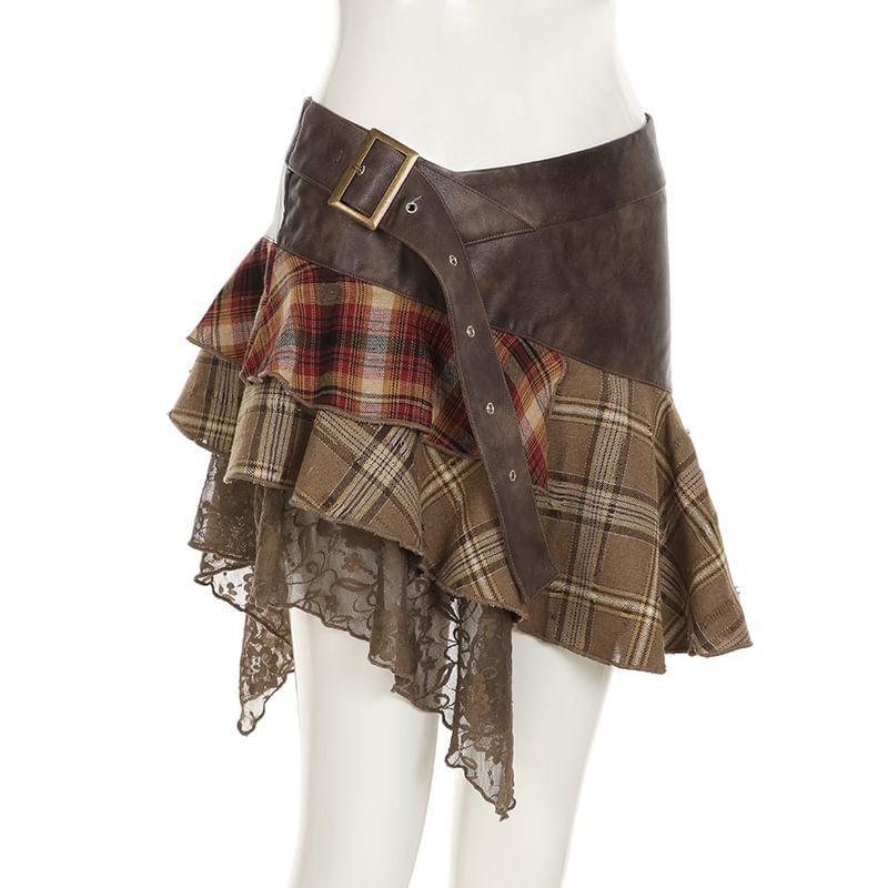 Low Rise Plaid Panel Asymmetrical Mini Skirt Product Image