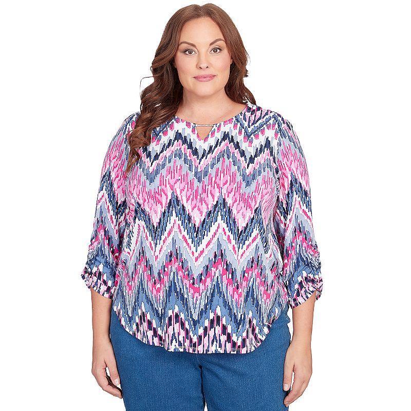 Alfred Dunner Plus Size Classic Puff Print Ikat Chevron Split Neck Top Product Image