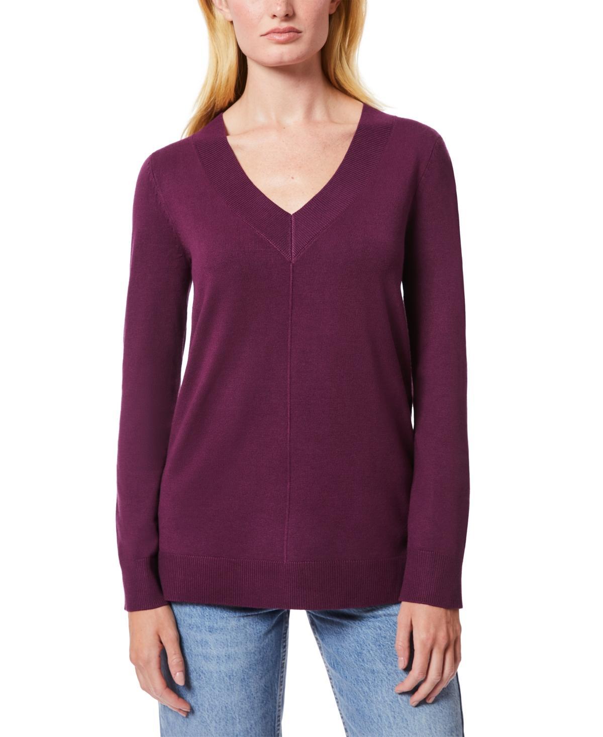 Melissa Paige Womens Ribbed Seamed Long-Sleeve High-Low-Hem V-Neck Sweater Product Image