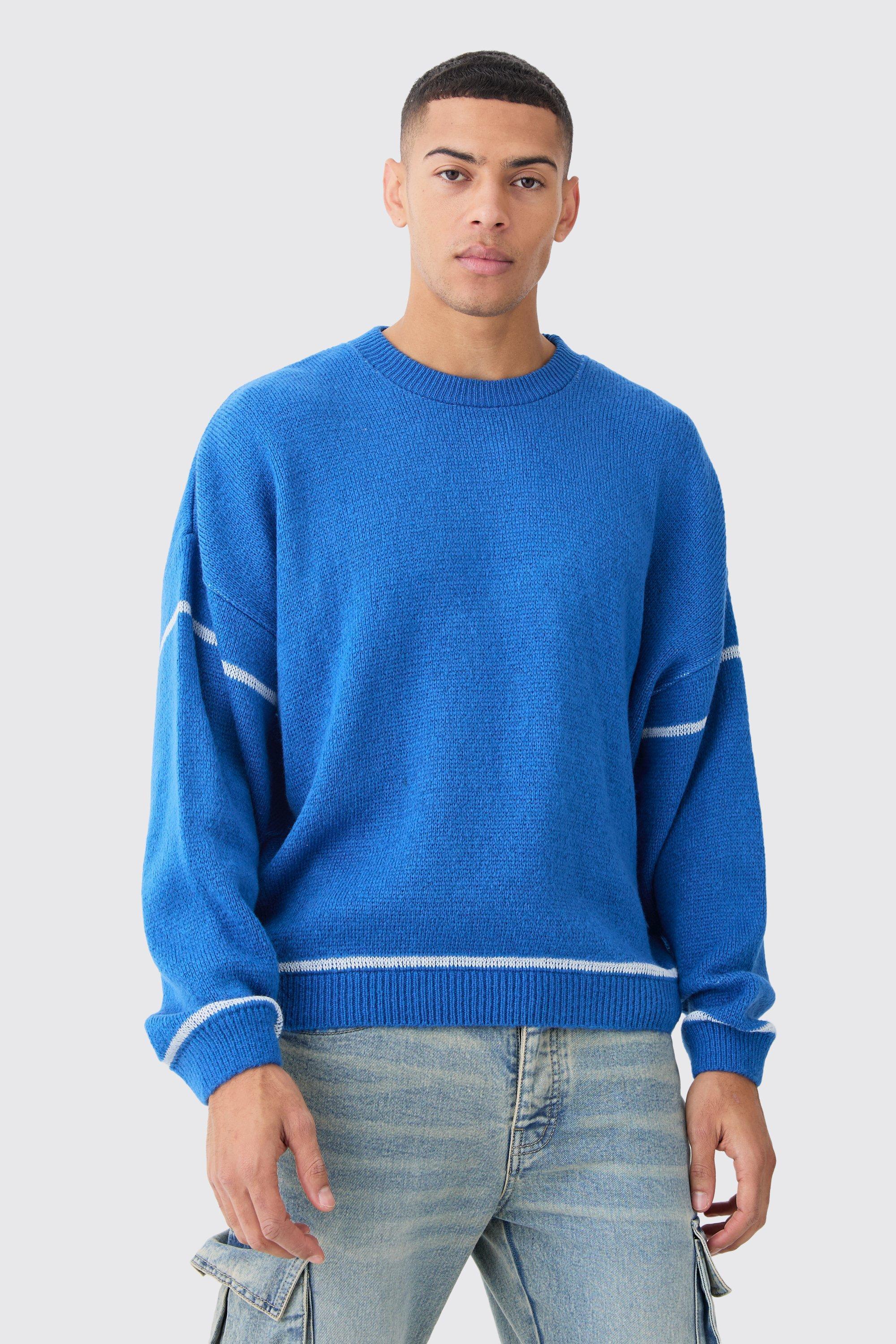 Oversized Boxy Brushed Contrast Stitch Knit Jumper | boohooMAN USA Product Image