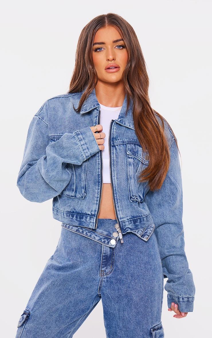 Mid Blue Wash Cropped Pocket Detail Denim Jacket Product Image