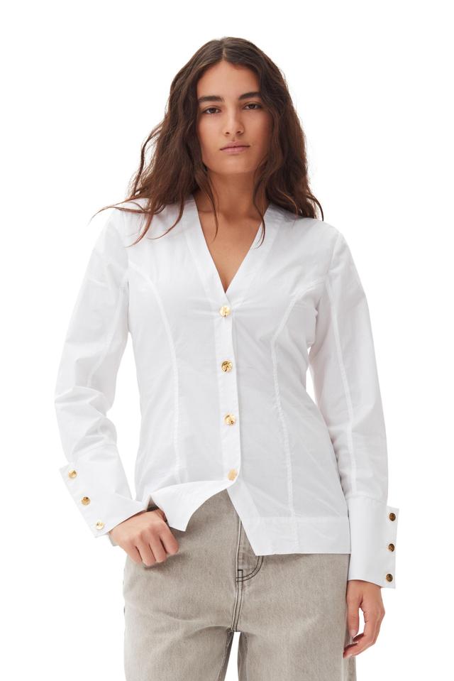 White Cotton Poplin V-neck Shirt Product Image